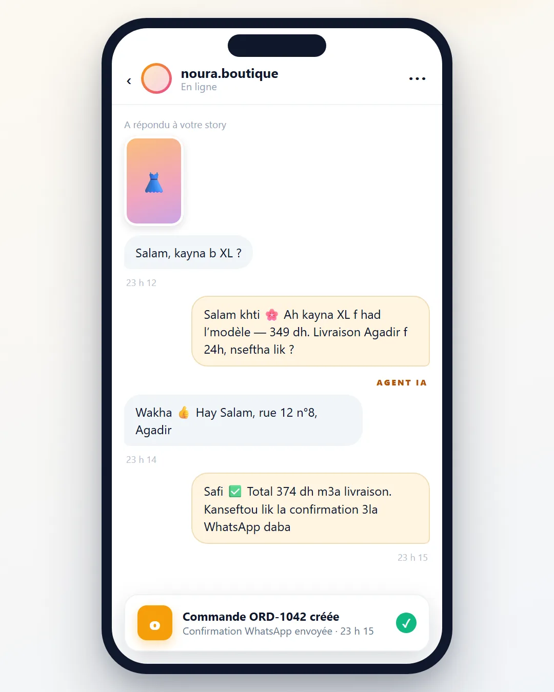 Conversation Instagram en darija gérée par l’agent IA, commande créée dans Ordylo